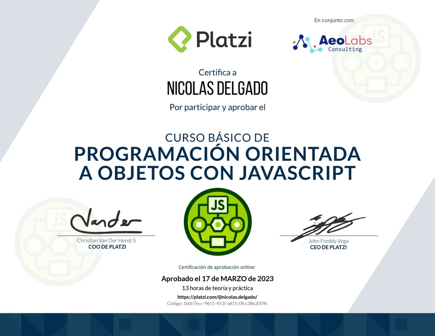 Diploma del Curso Básico de Programación Orientada a Objetos con JavaScript