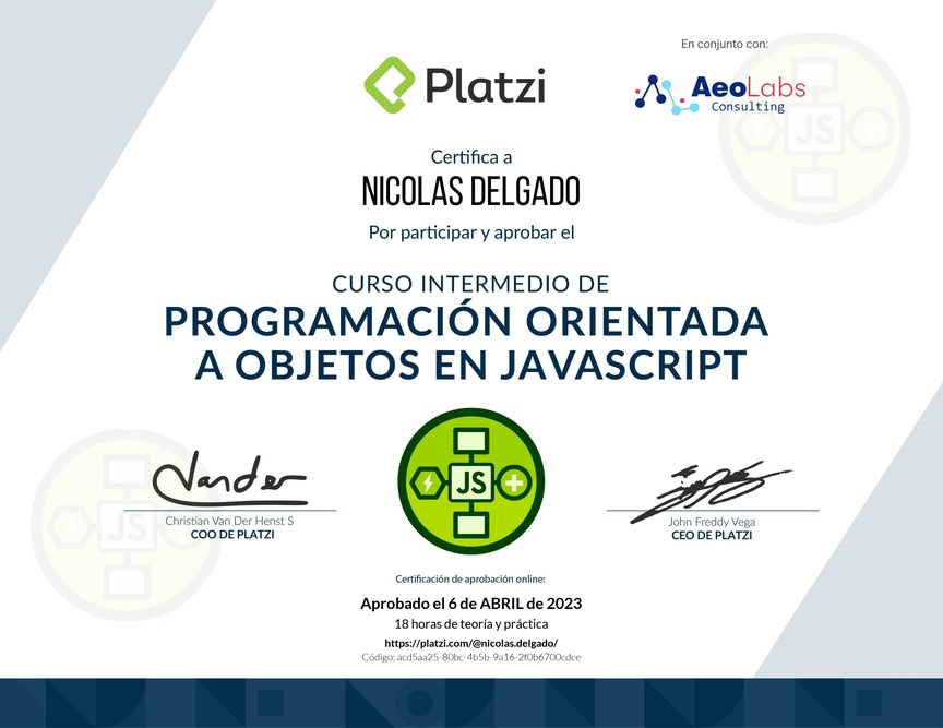 Diploma del Curso Intermedio de Programación Orientada a Objetos en JavaScript