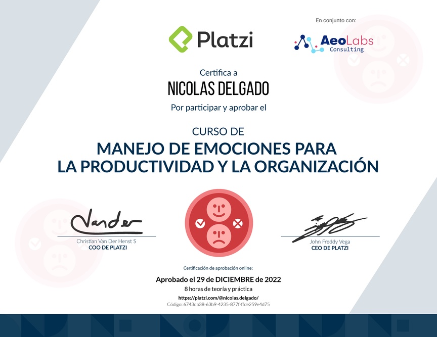 Diploma del Curso de Manejo de Emociones para la Productividad y la Organización