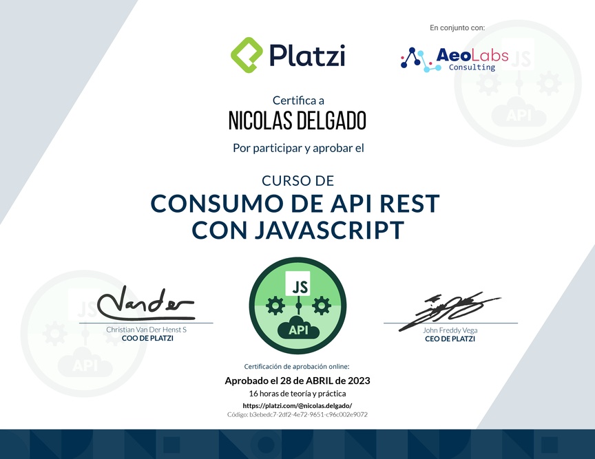 Diploma del Curso de API REST con Javascript: Fundamentos