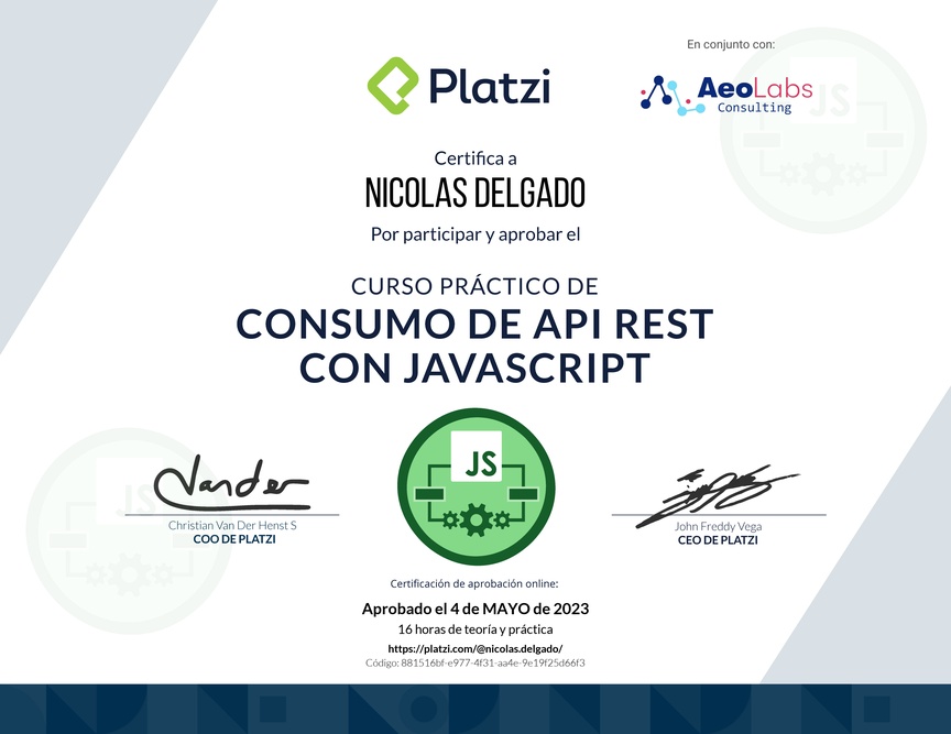Diploma del Curso de API REST con Javascript: Ejemplos con APIs reales