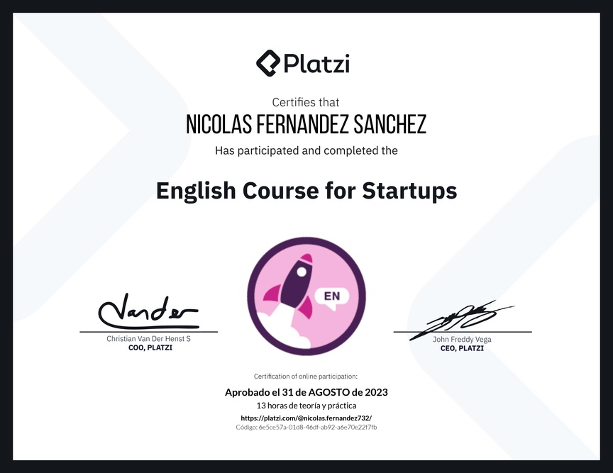 Diploma del Curso para Startups en Inglés (2021)