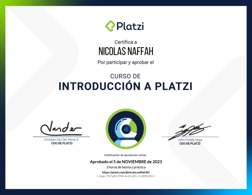 Diploma del Curso de Introducción a Platzi 🇨🇱