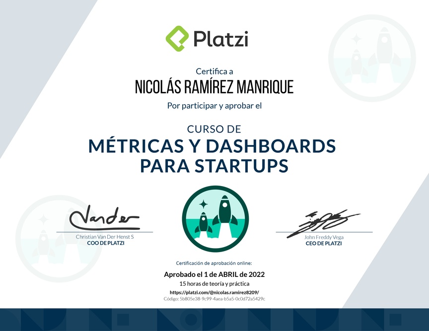 Diploma del Curso de Métricas y Dashboards para Startups
