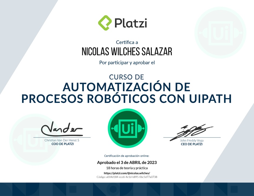 Diploma del Curso de Automatización de Procesos RPA con UiPath