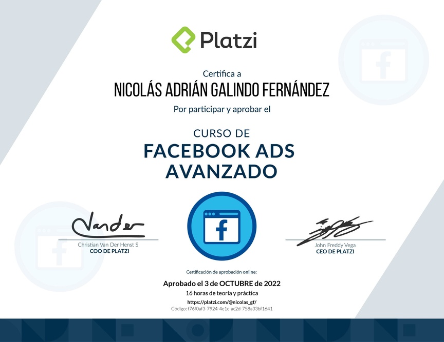 Diploma del Curso de Facebook Ads Avanzado