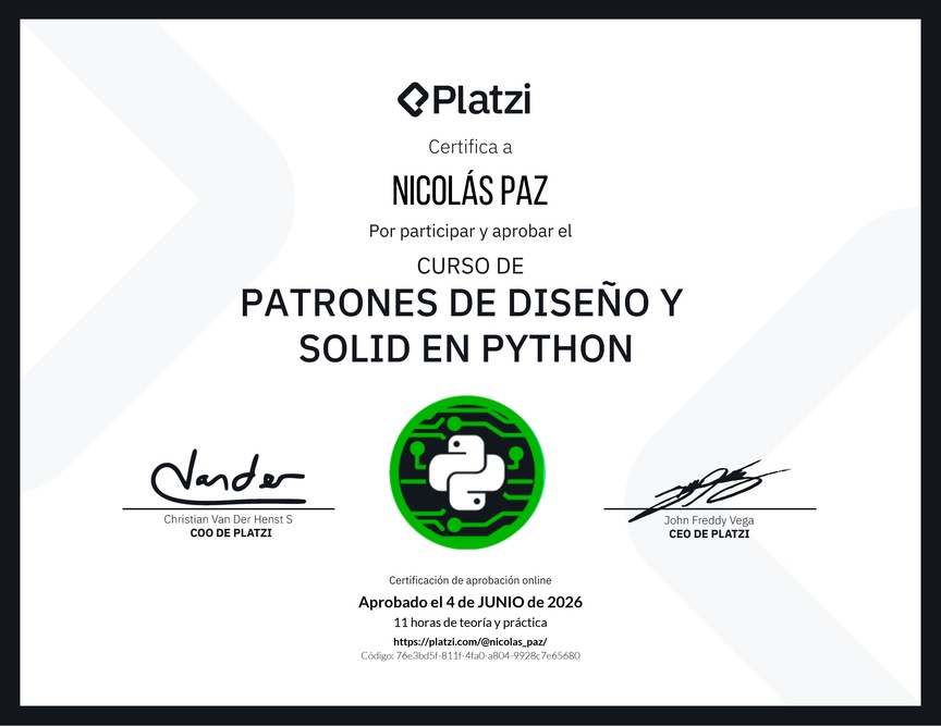 Diploma del Curso de Patrones de Diseño y SOLID en Python