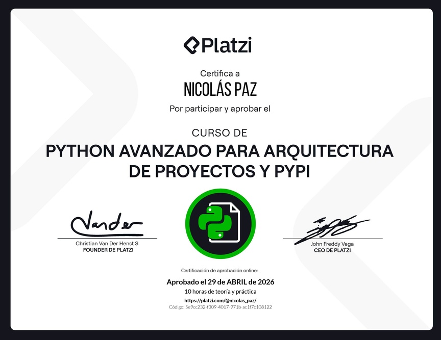 Diploma del Curso de Python Avanzado para Arquitectura de Proyectos y PyPI
