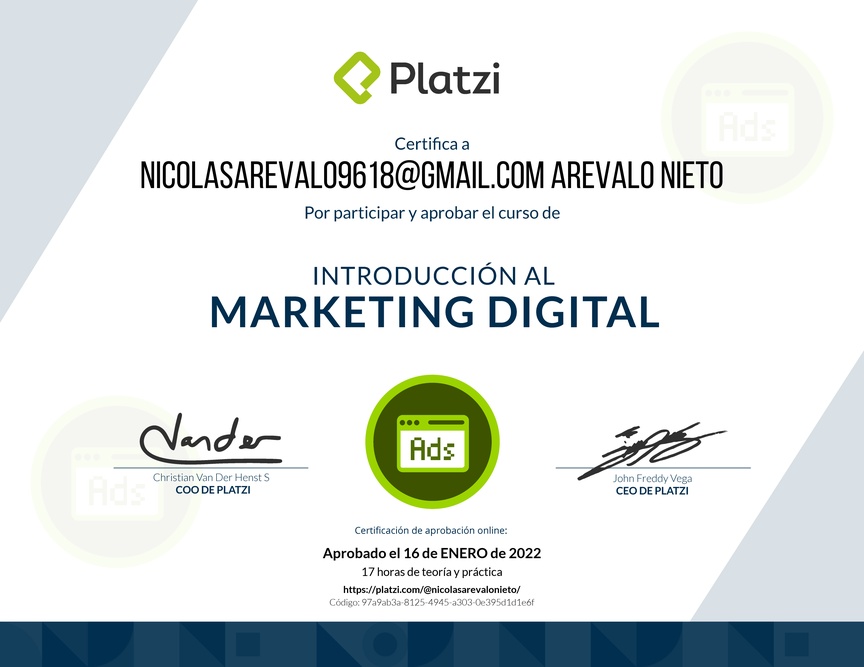 Diploma del Curso de Introducción al Marketing Digital (2018)
