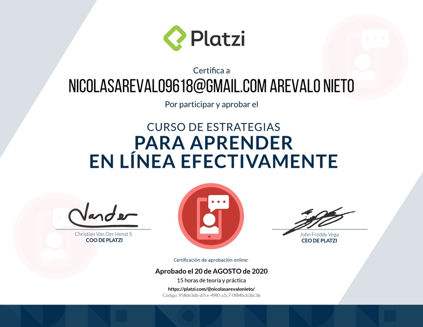 Diploma del Curso de Estrategias para Aprender en Línea Efectivamente 2019