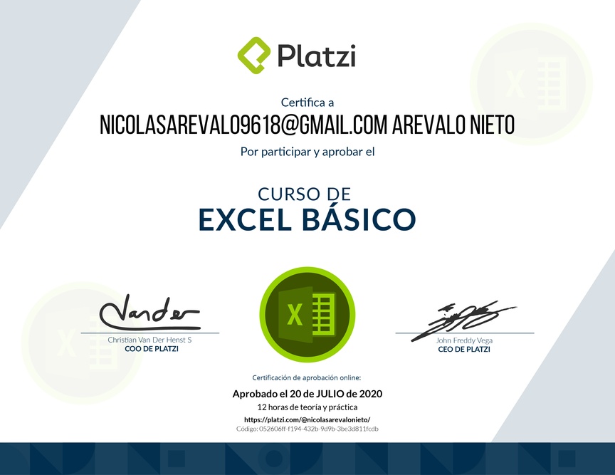 Diploma del Curso de Excel Básico