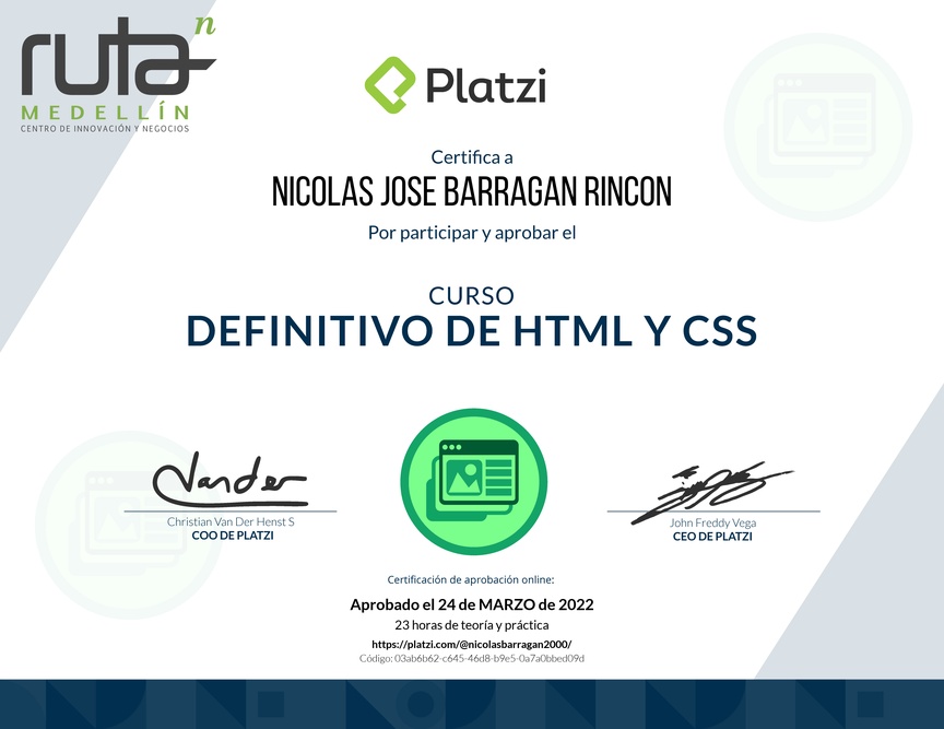 Diploma del Curso Definitivo de HTML y CSS