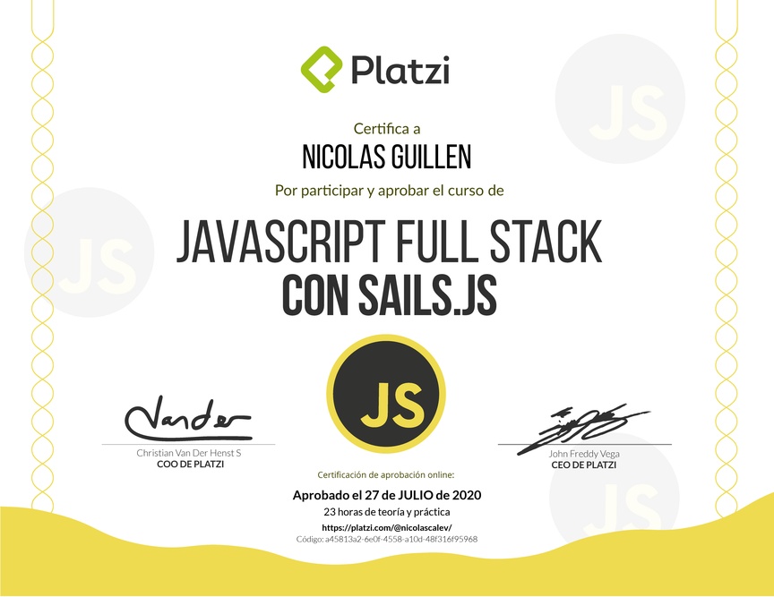 Diploma del Curso de JavaScript Full Stack con Sails.js