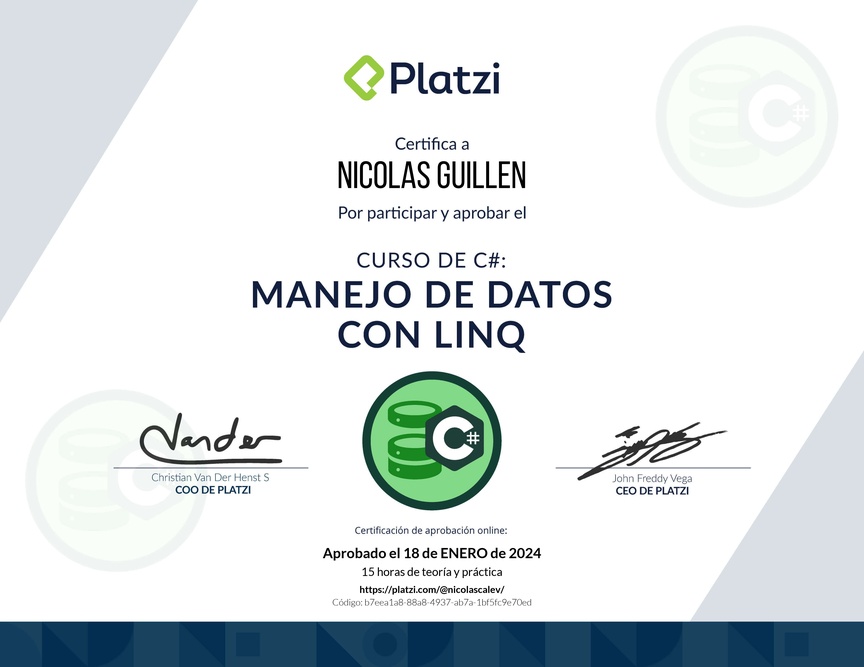 Diploma del Curso de Manejo de Datos en C# con LINQ