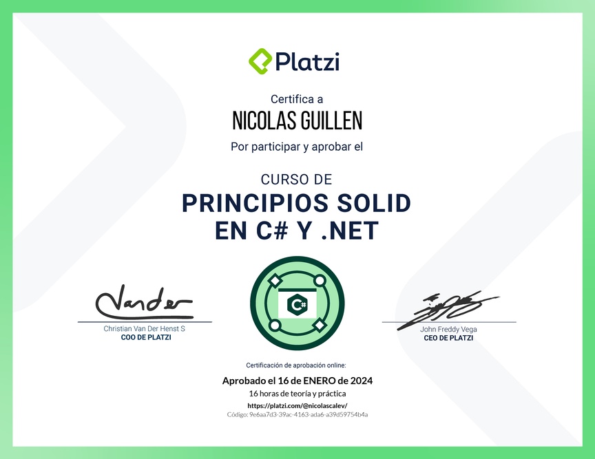 Diploma del Curso de Principios SOLID en C# y .NET
