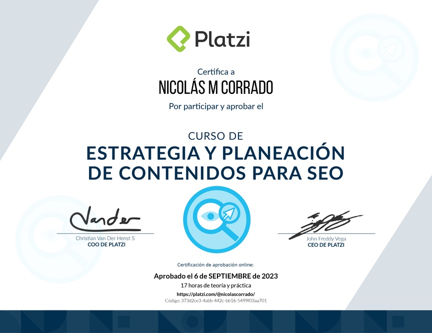 Diploma del Curso de Estrategia y Planeación de Contenidos para SEO (2020)