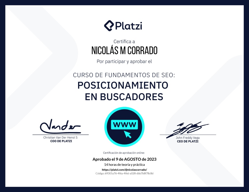 Diploma del Curso de Fundamentos de SEO y Posicionamiento Web