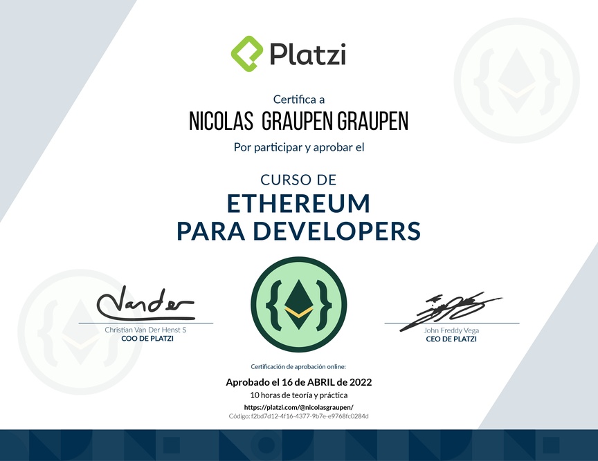 Diploma del Curso de Ethereum para Developers