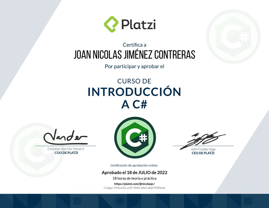 Diploma del Curso de Introducción a C# con .NET 3.1