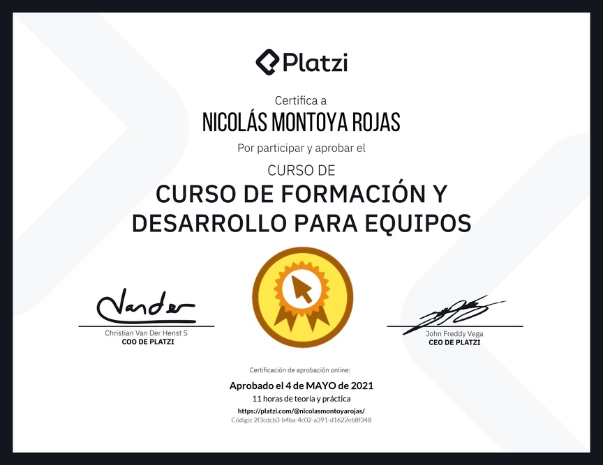 Diploma del Curso de Formación y Desarrollo para Equipos