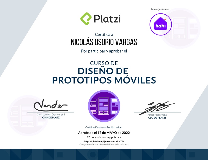 Diploma del Curso de Diseño de Prototipos Móviles