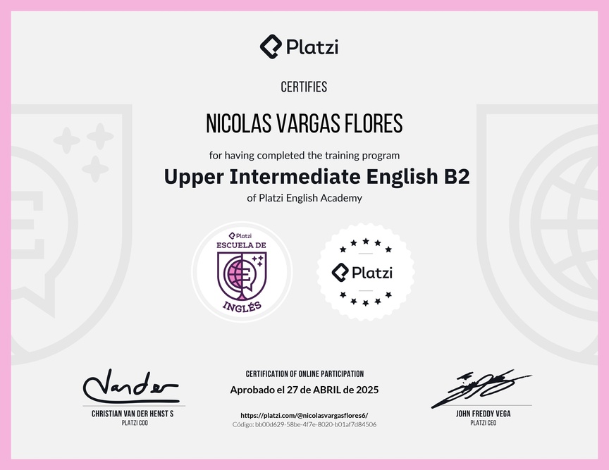 Diploma de la Ruta de Aprendizaje de Inglés Intermedio Alto B2