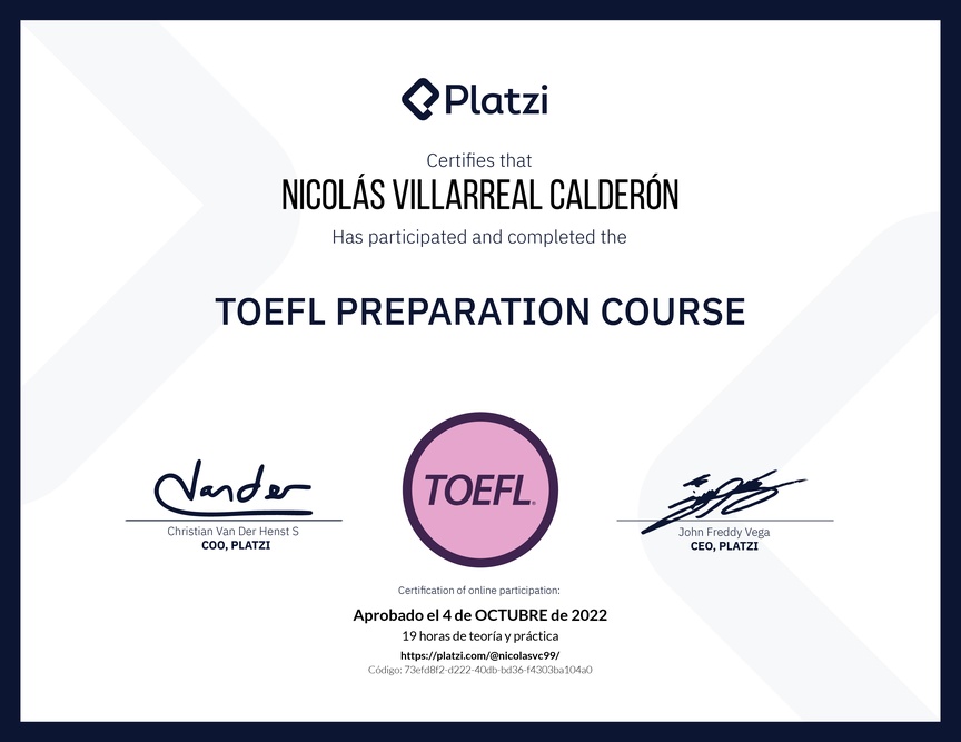 Diploma del Curso de Inglés para Preparación para TOEFL (2020)