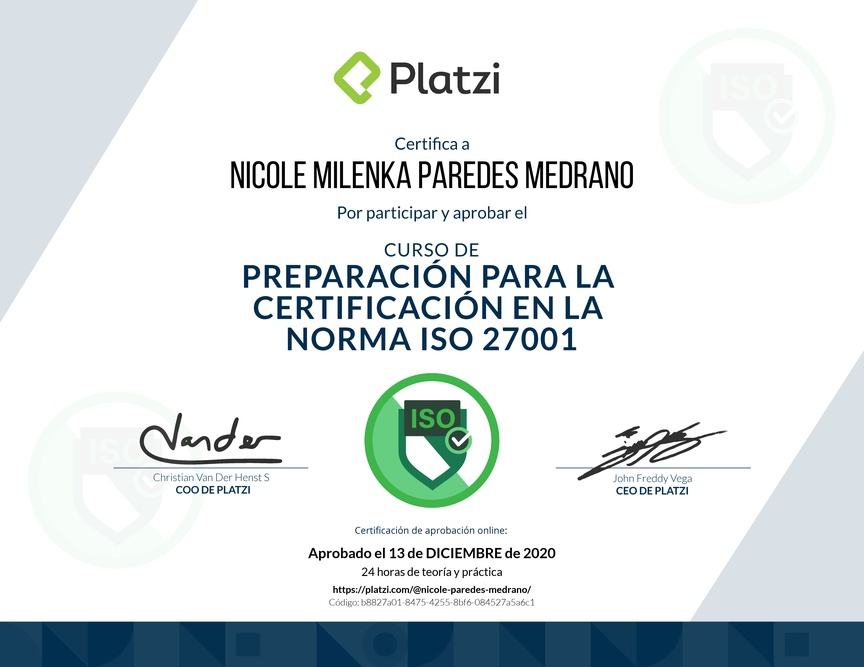 Diploma del Curso de Preparación para la Certificación en la Norma ISO 27001 (2020)