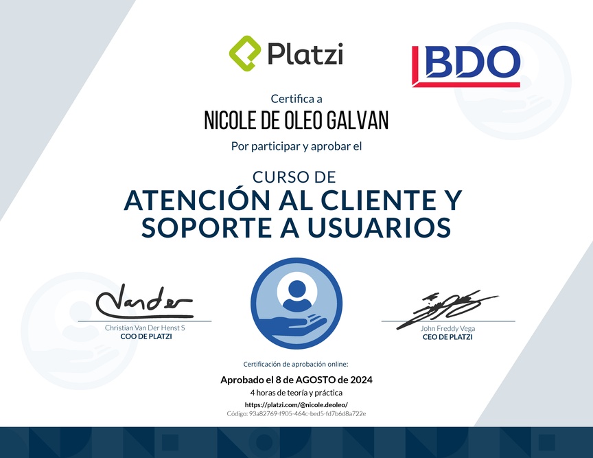 Diploma del Curso de Servicio al Cliente y Soporte a Usuarios