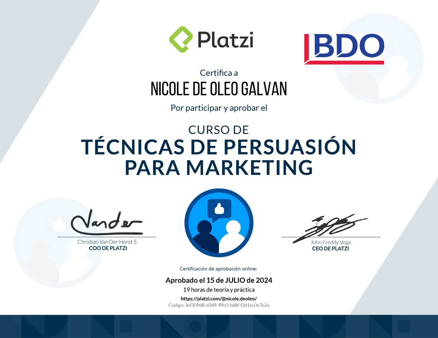 Diploma del Curso de Persuasión y Decisión en Marketing Digital
