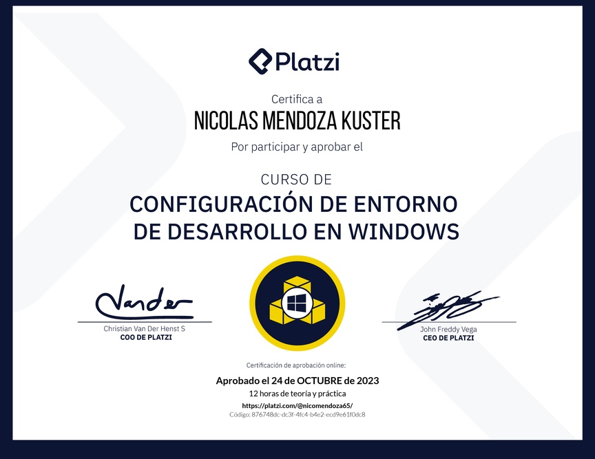 Diploma del Curso de Configuración de Entorno de Desarrollo en Windows