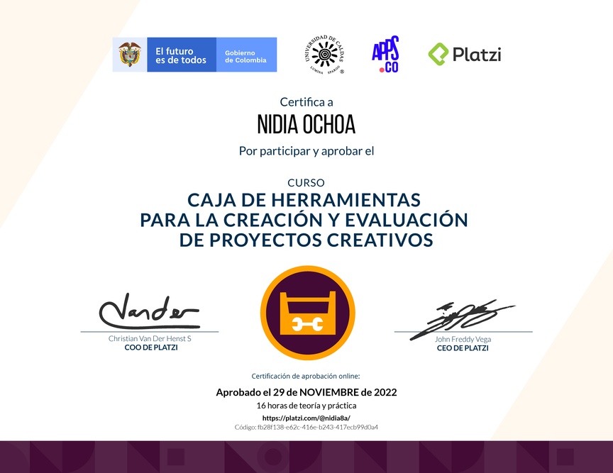Diploma del Curso Caja de Herramientas para la Creación y Evaluación de Proyectos Creativos