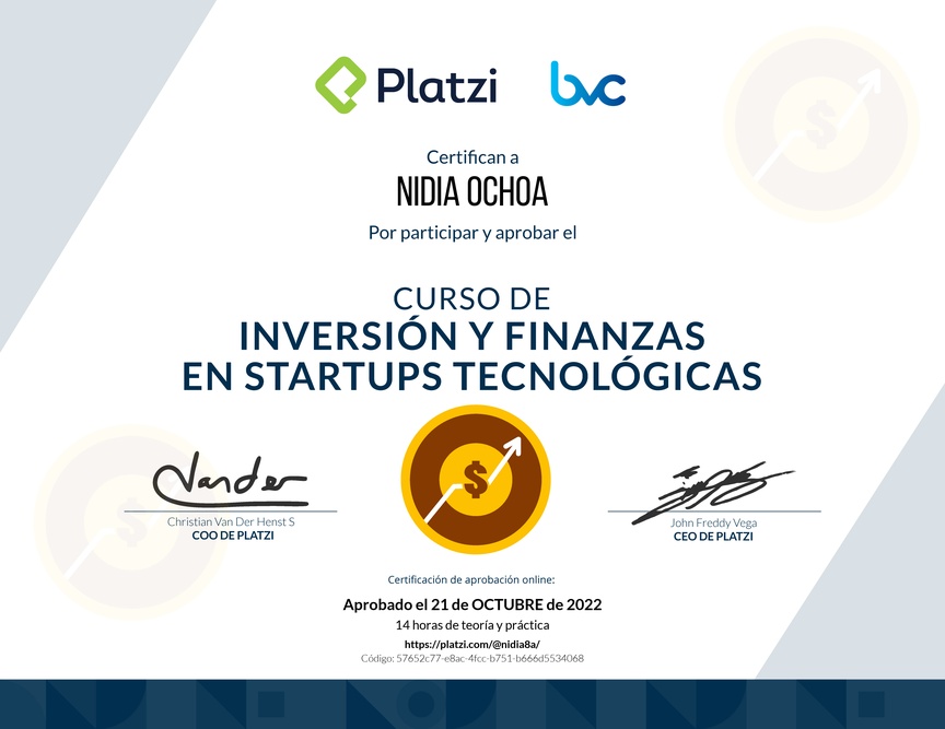 Diploma del Curso de Inversión y Finanzas en Startups Tecnológicas