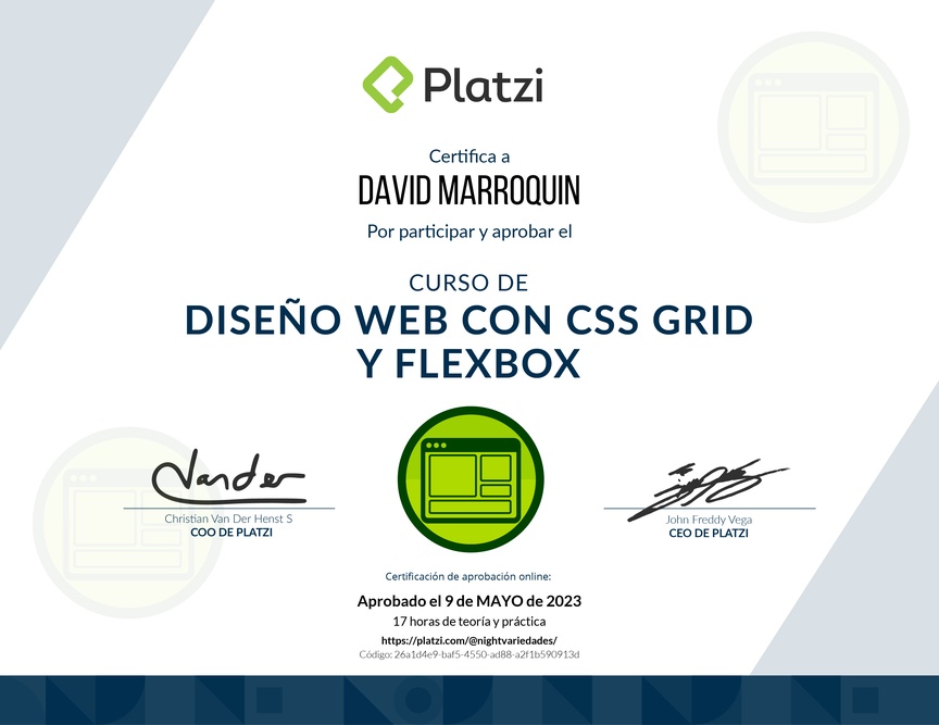 Diploma del Curso de Diseño Web con CSS Grid y Flexbox