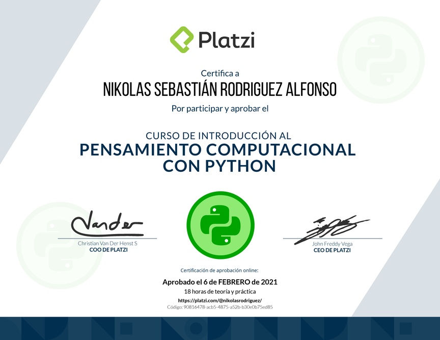 Diploma del Curso de Introducción al Pensamiento Computacional con Python