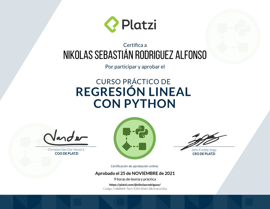 Diploma del Curso Práctico de Regresión Lineal con Python