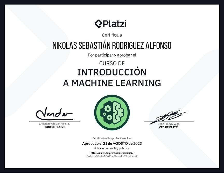 Diploma del Curso de Introducción a Machine Learning