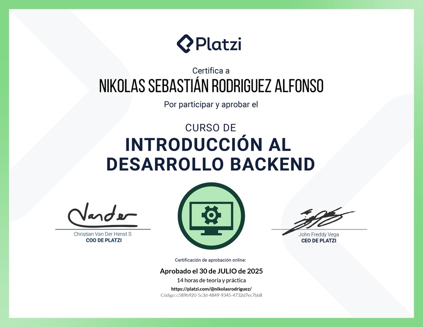 Diploma del Curso de Introducción al Desarrollo Backend
