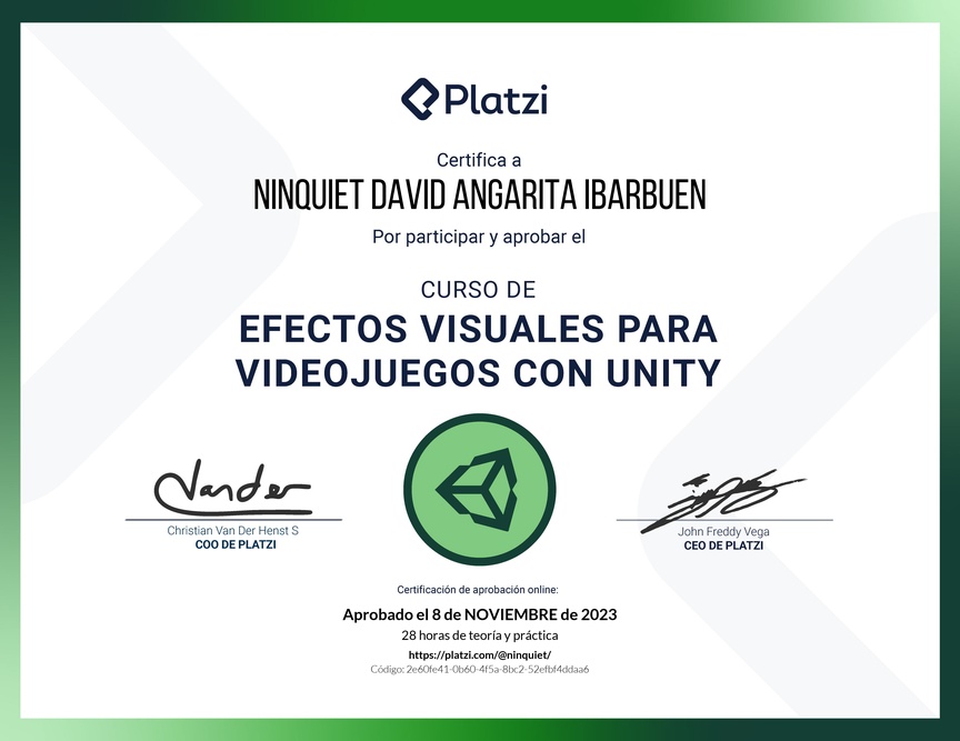 Diploma del Curso de Efectos Visuales para Videojuegos con Unity