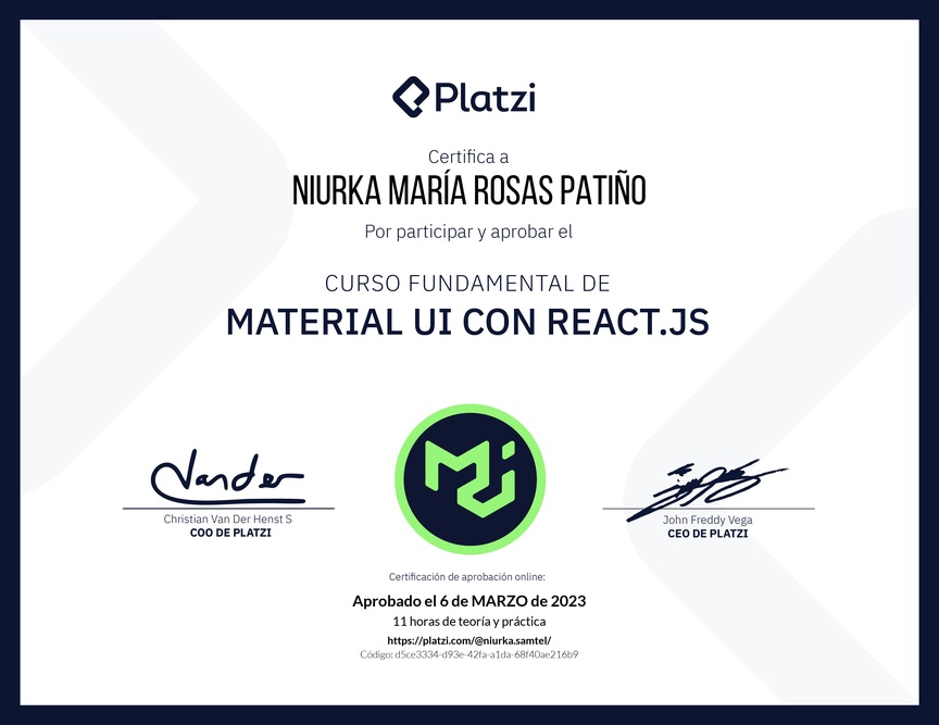 Diploma del Curso Fundamental de Material UI con React