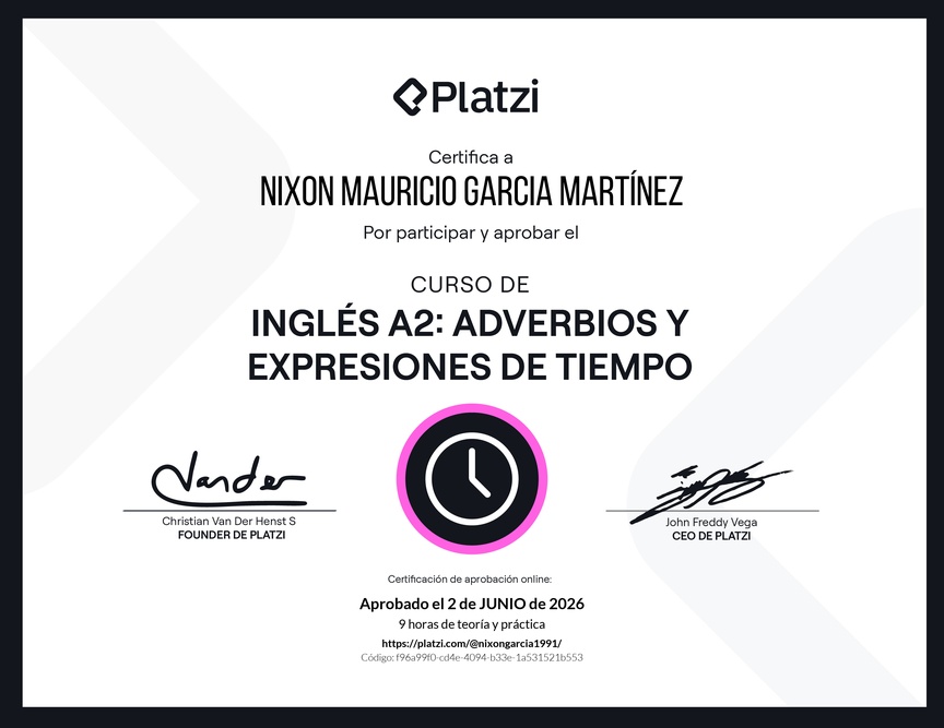 Diploma del Curso de Inglés Básico A2: Adverbios y Expresiones de Tiempo