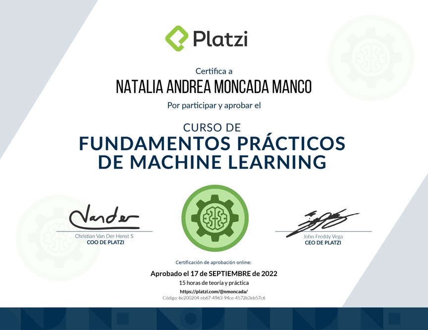 Diploma del Curso de Fundamentos Prácticos de Machine Learning