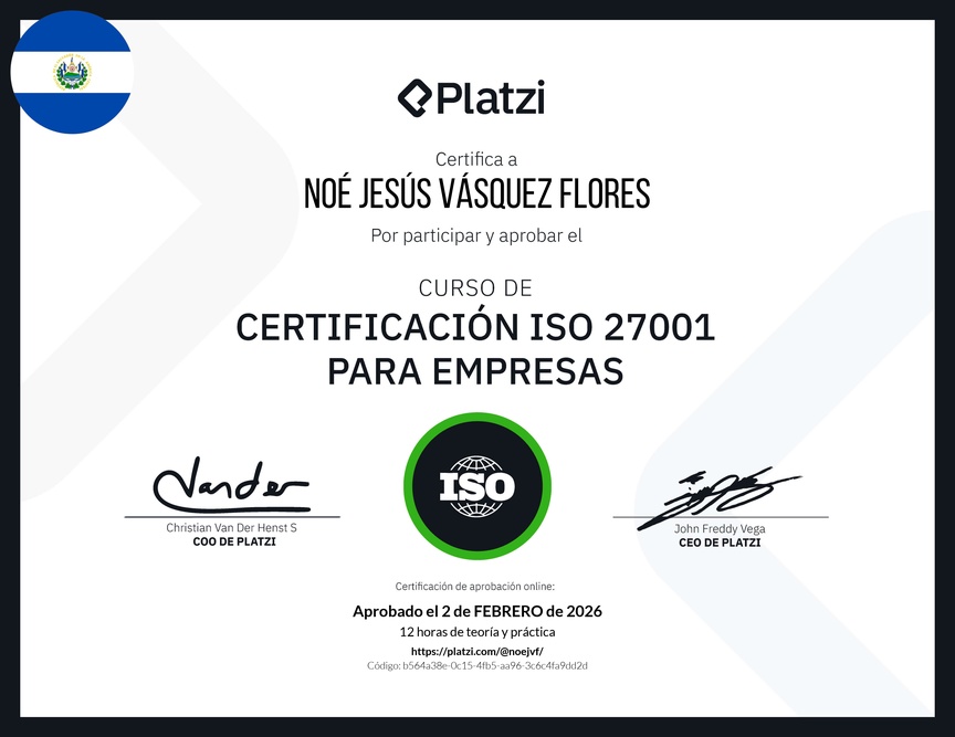 Diploma del Curso de Certificación ISO 27001 para Empresas