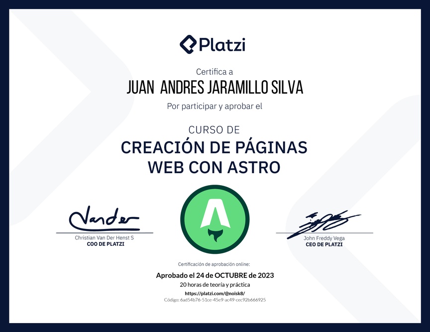 Diploma del Curso de Creación de Páginas Web con Astro