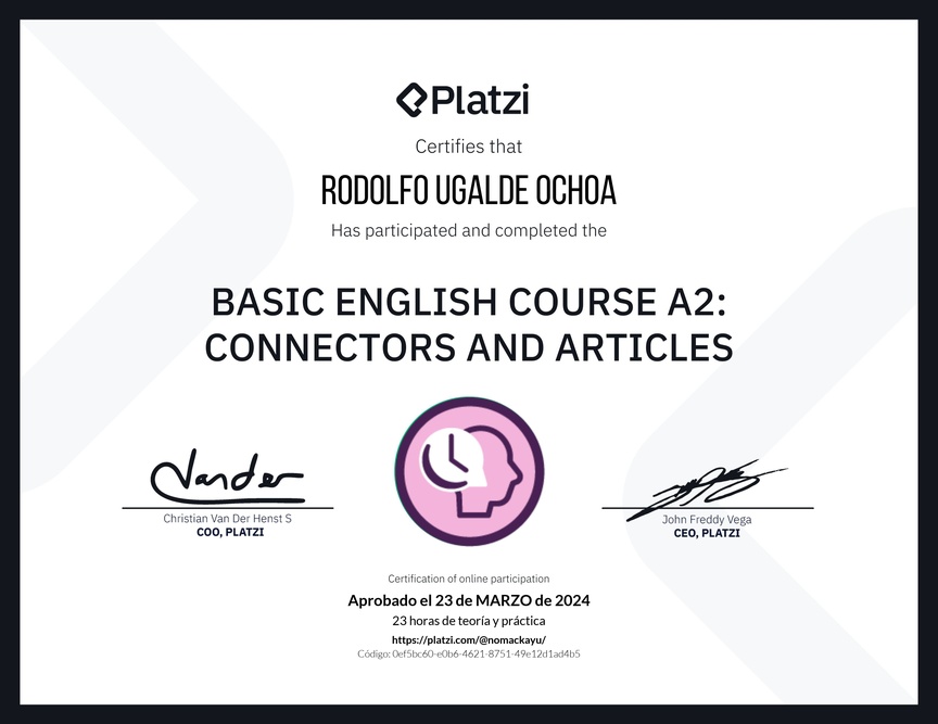 Diploma del Curso de Inglés Básico A2: Conectores y Artículos