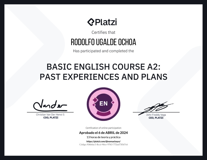 Diploma del Curso de Inglés Básico A2: Experiencias Pasadas y Planes