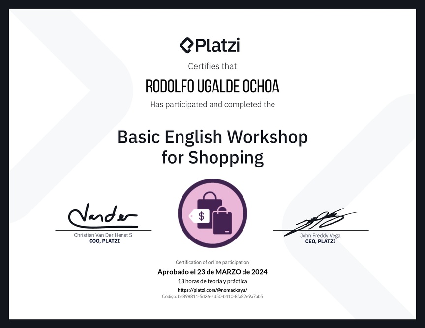 Diploma del Curso de Inglés Práctico para Compras