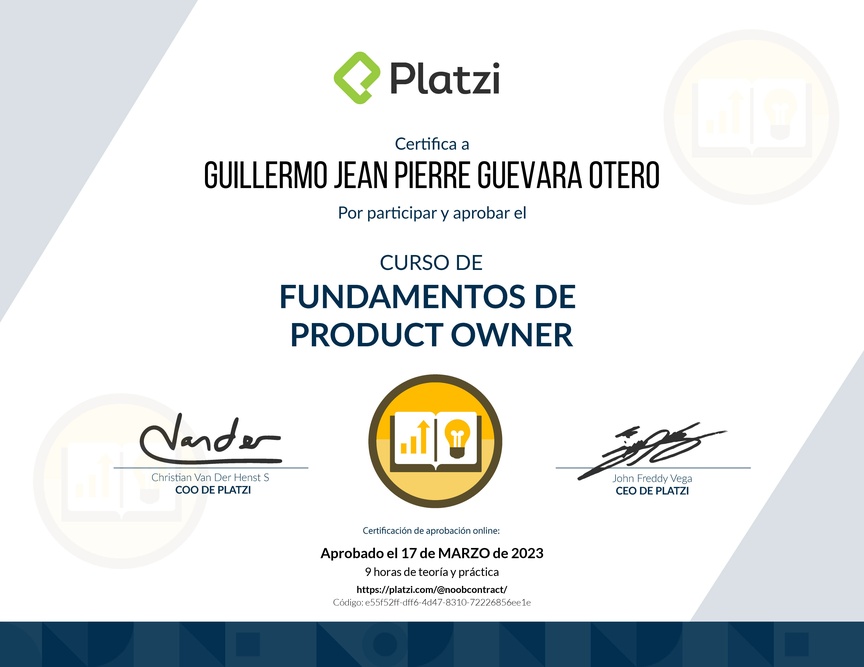 Diploma del Curso de Fundamentos de Product Owner