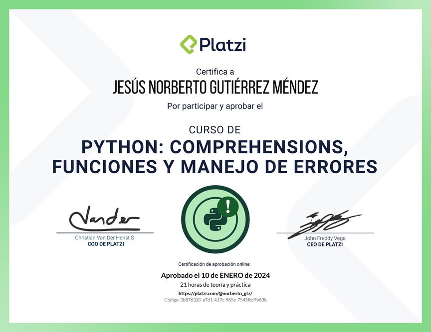 Diploma del Curso de Python: Comprehensions, Funciones y Manejo de Errores