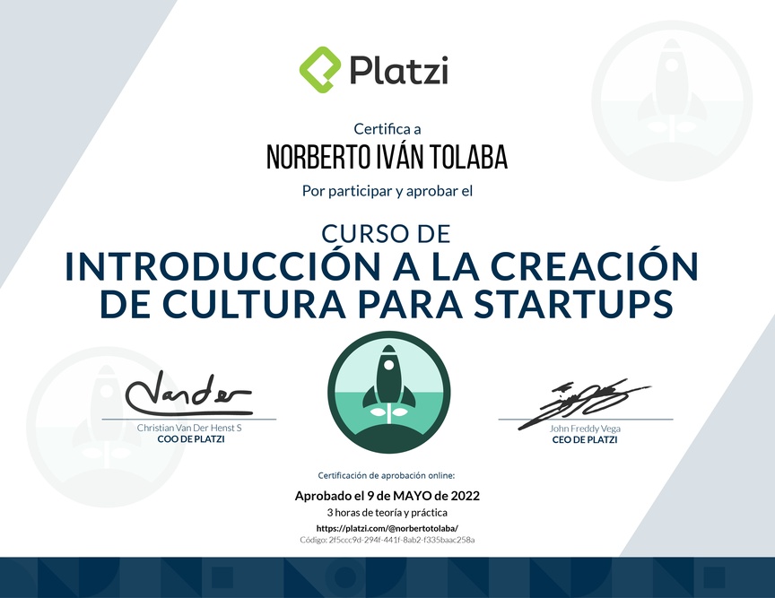 Diploma del Curso de Introducción a la Creación de Cultura para Startups